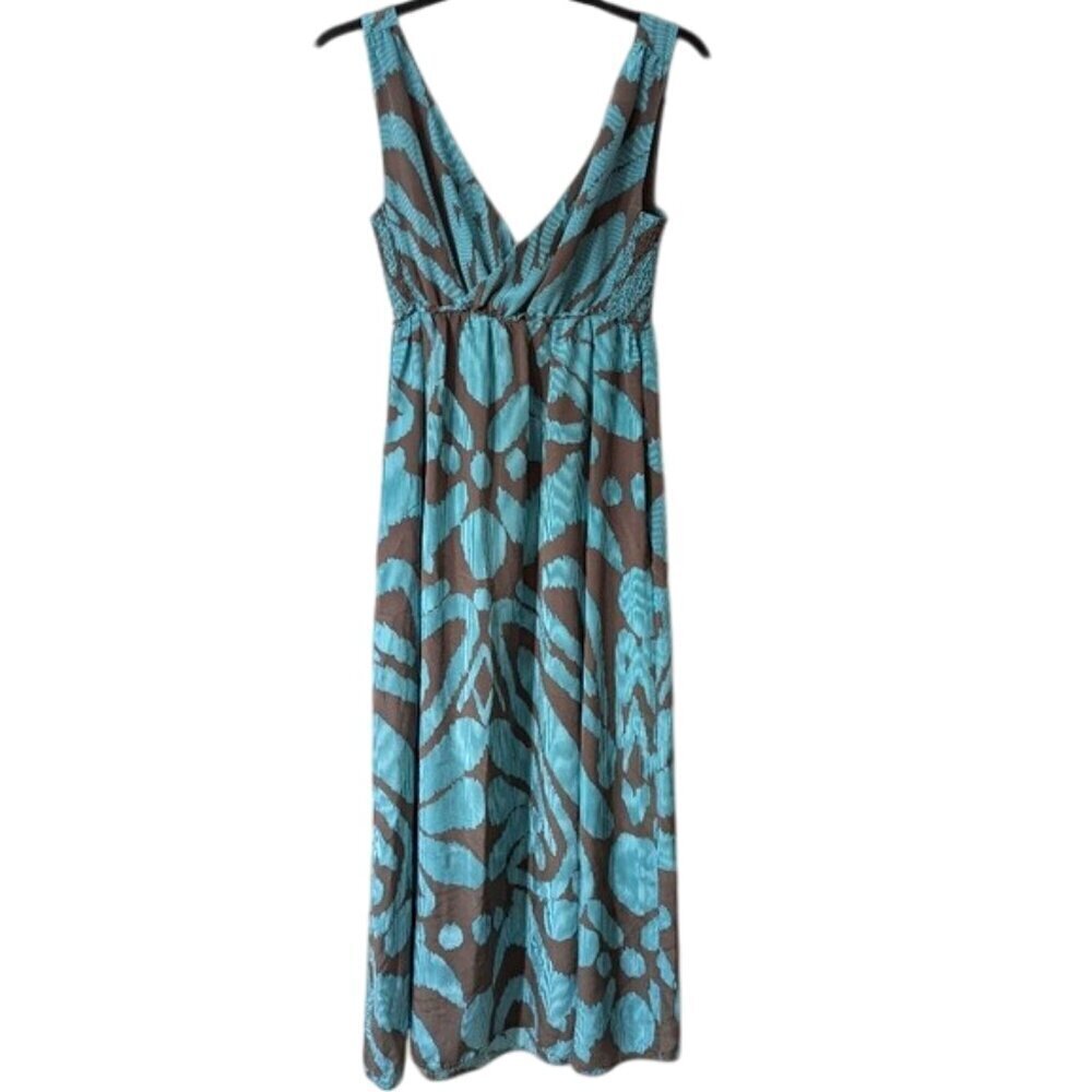 Banana Republic 100% Silk Printed Ruffled Hem Maxi Dress Turquoise Brown Size 0 - Picture 2 of 8
